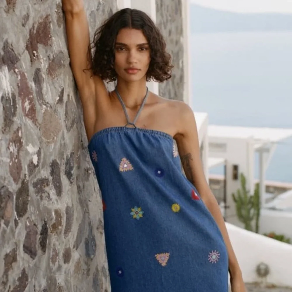 Zara Denim Chambray Embroidered Halter Dress NEW NWT - Picture 3 of 10